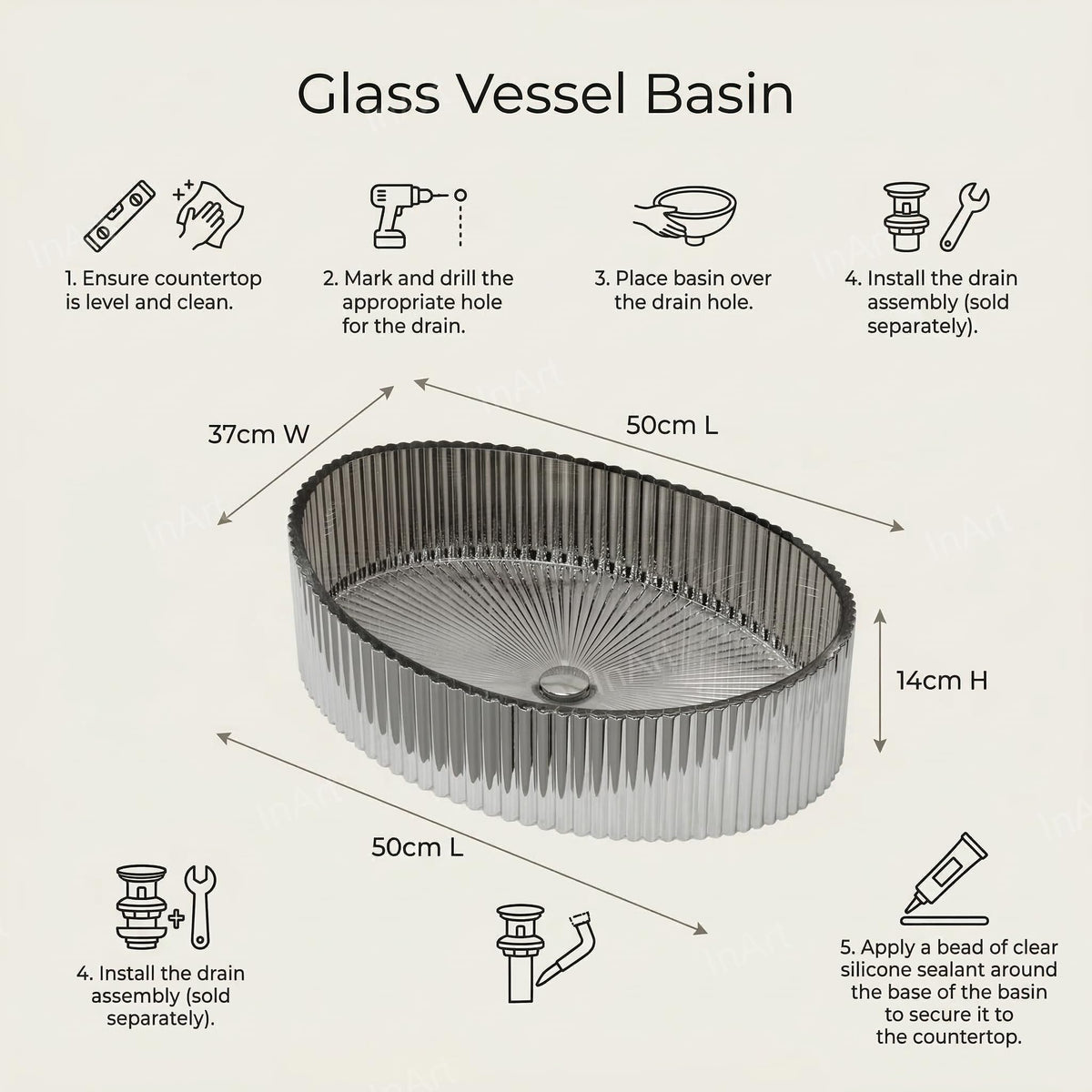 InArt Smoked Tempered Glass Oval Vessel Sink – Ribbed Texture, 19.7"x14.6", additional product view 6