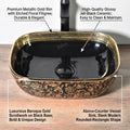 Oval vessel sink ceramic glossy black and gold basin, front angle view for modern vanity top