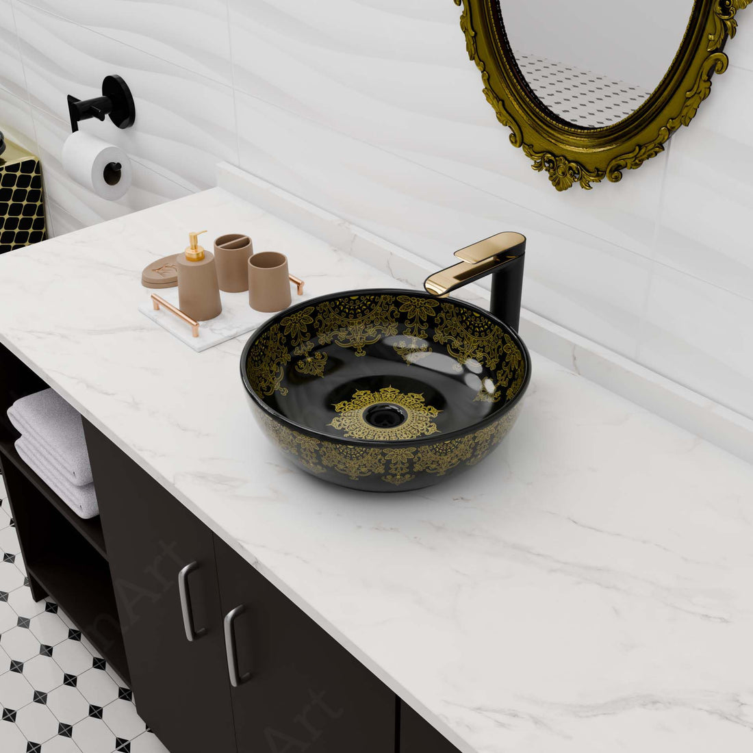 InArt Glossy Black Ceramic Round Vessel Sink – Above Counter, 16" Gold Pattern