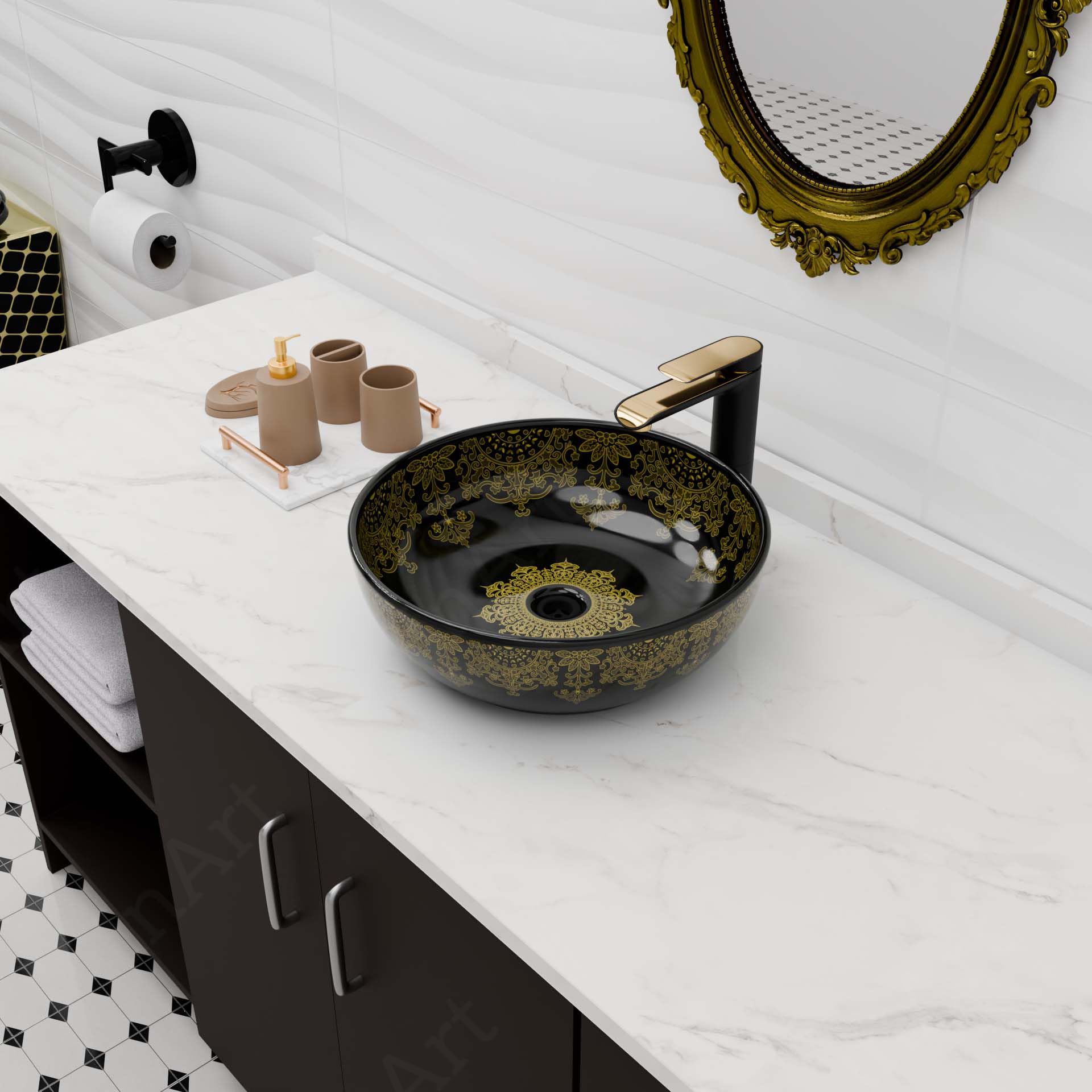 InArt Glossy Black Ceramic Round Vessel Sink – Above Counter, 16" Gold Pattern, additional product view 2