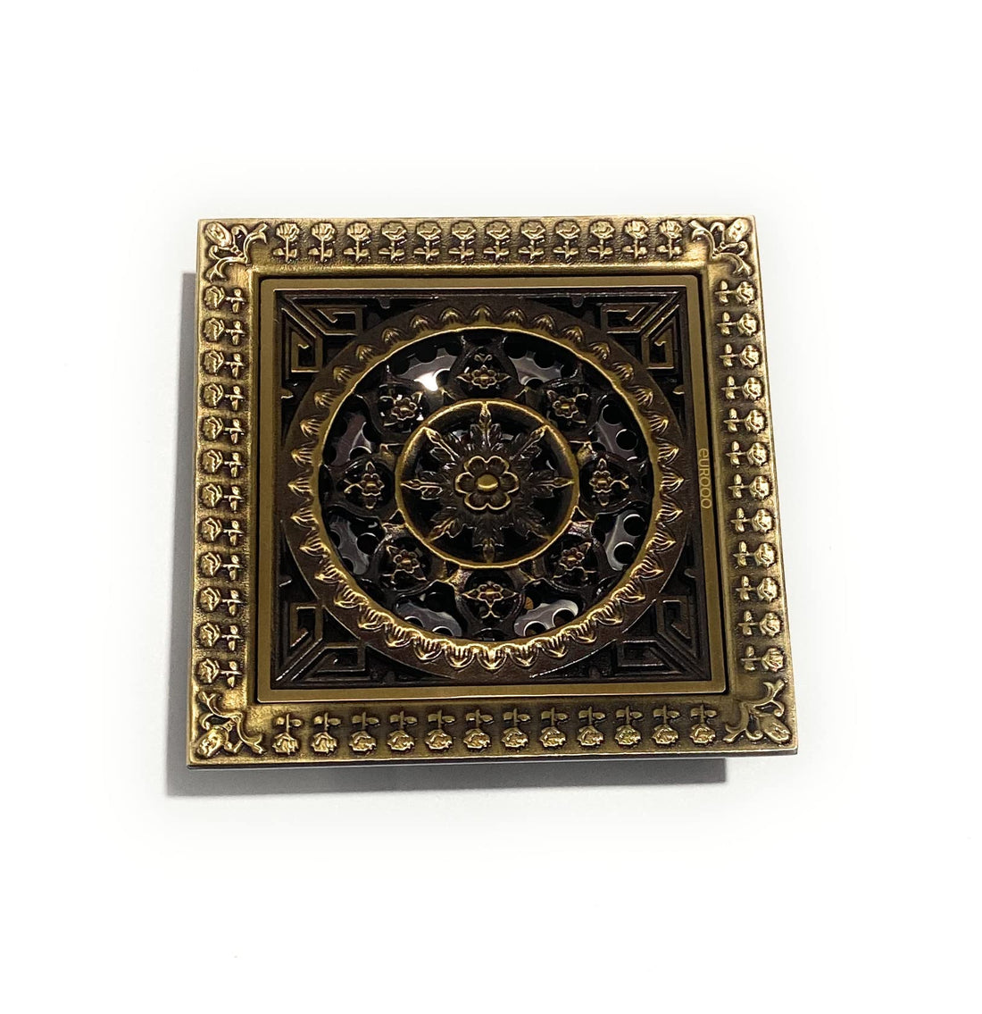 Square brass shower drain with antique brass shower drain cover and removable grate, 4 inch outlet