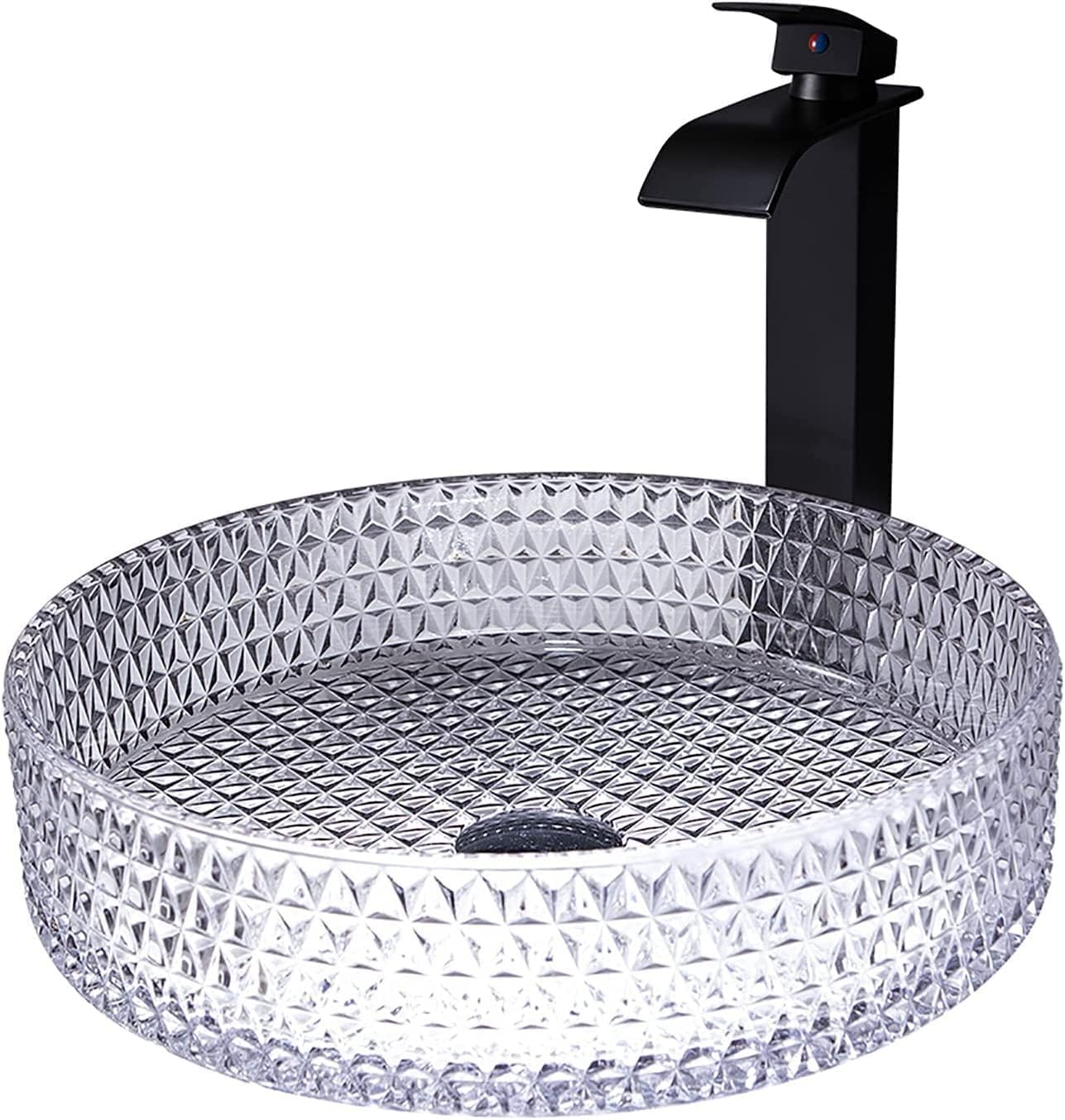 Restroom bowl sink close-up of transparent glossy rim, round tempered glass vessel bowl