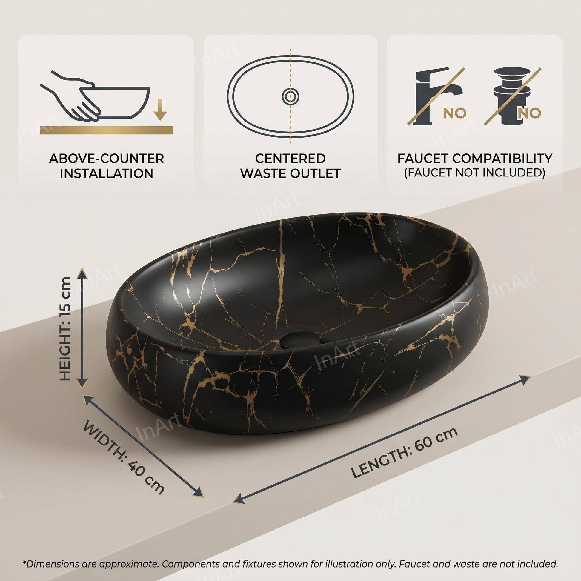 Black and Gold Round Ceramic vessel bathroom sink, additional product view 6