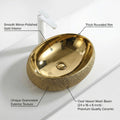 Bath vessel sink side angle view, gold oval ceramic above counter bathroom sink by InArt