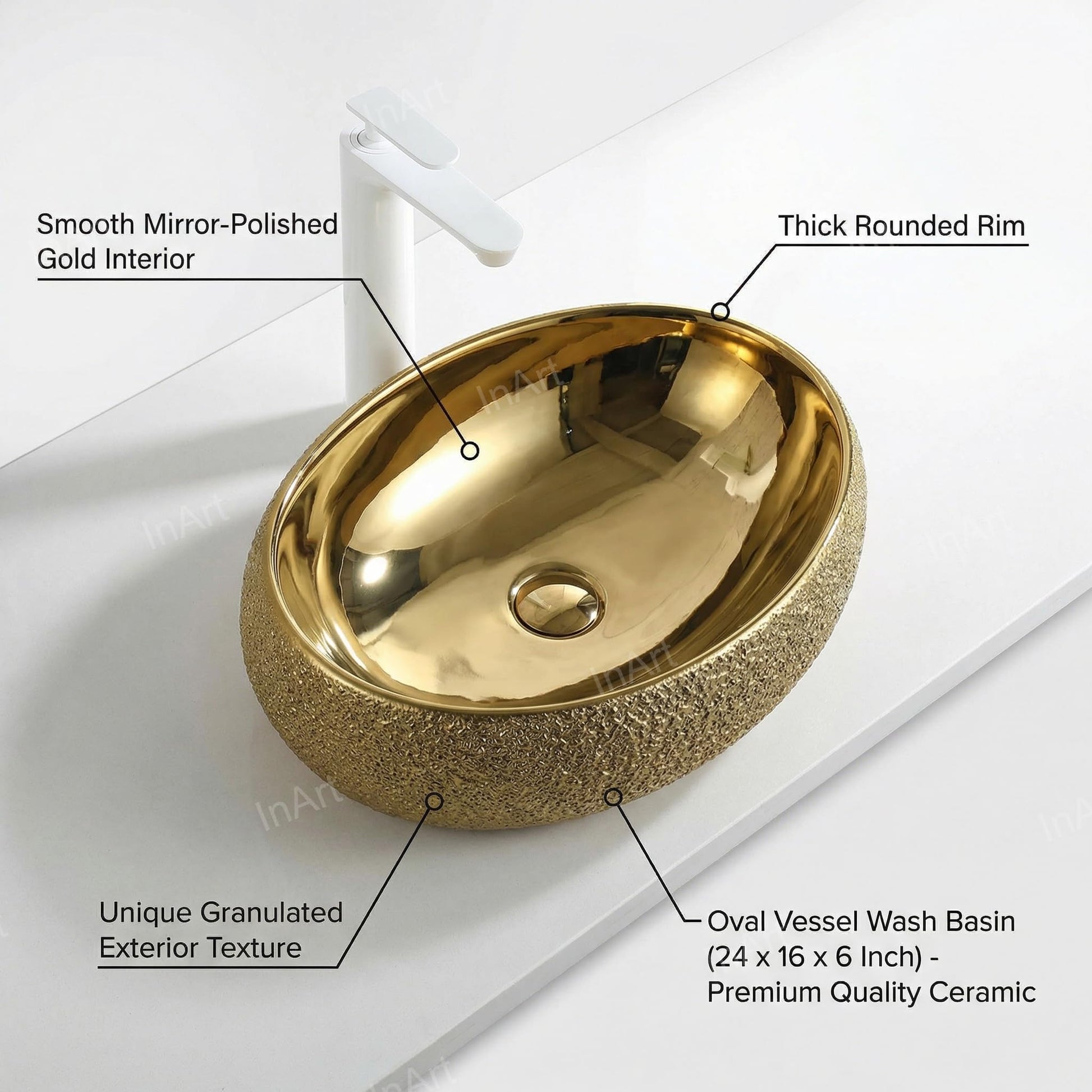 Bath vessel sink side angle view, gold oval ceramic above counter bathroom sink by InArt