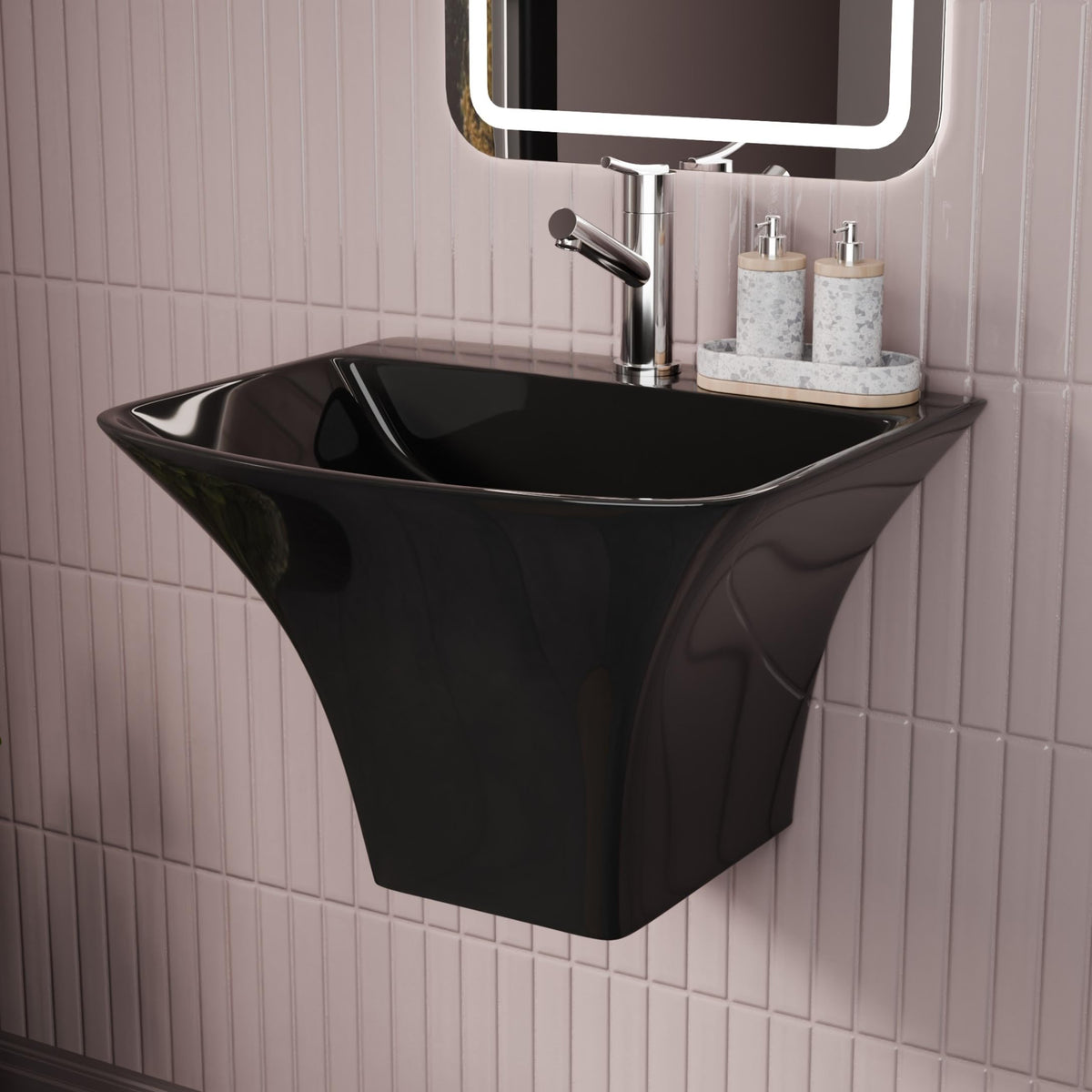 InArt Black Wall-Mounted Ceramic Bathroom Sink with Half Pedestal, 19 x 17 Inch