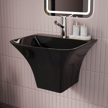 InArt Black Wall-Mounted Ceramic Bathroom Sink with Half Pedestal, 19 x 17 Inch
