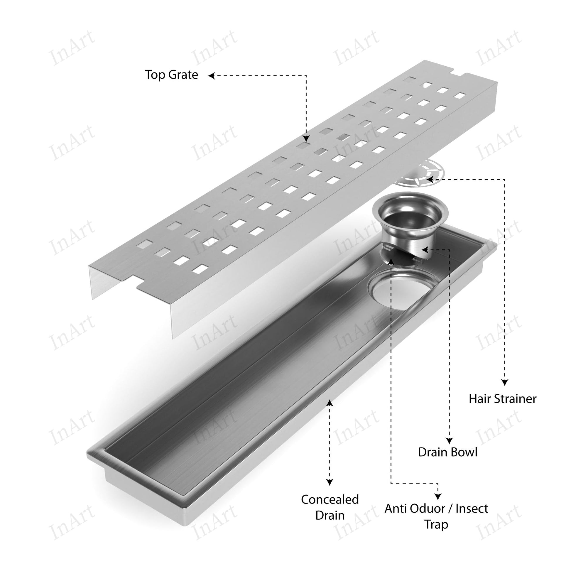 Top view of square-hole perforated grate on brushed stainless steel linear floor drain for tile shower