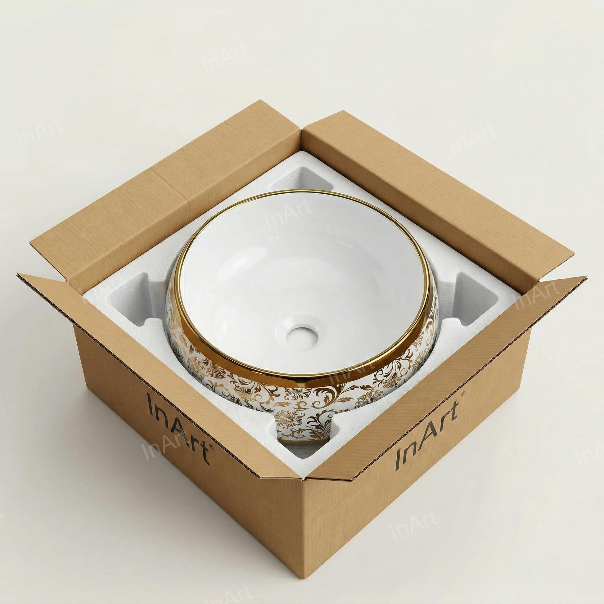 White and Gold Round Ceramic vessel bathroom sink, additional product view 8