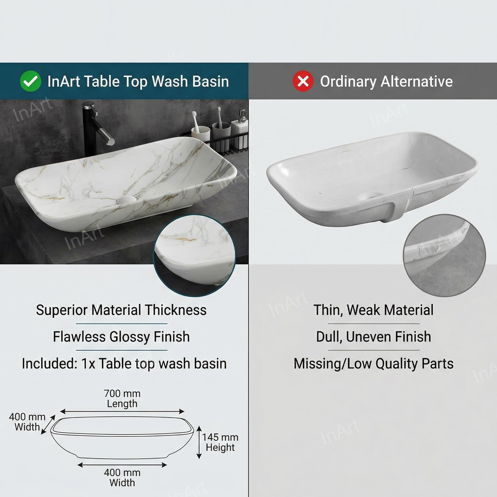 InArt Rectangle Bathroom Ceramic Vessel Sink Art Basin in White Marble Color, additional product view 3