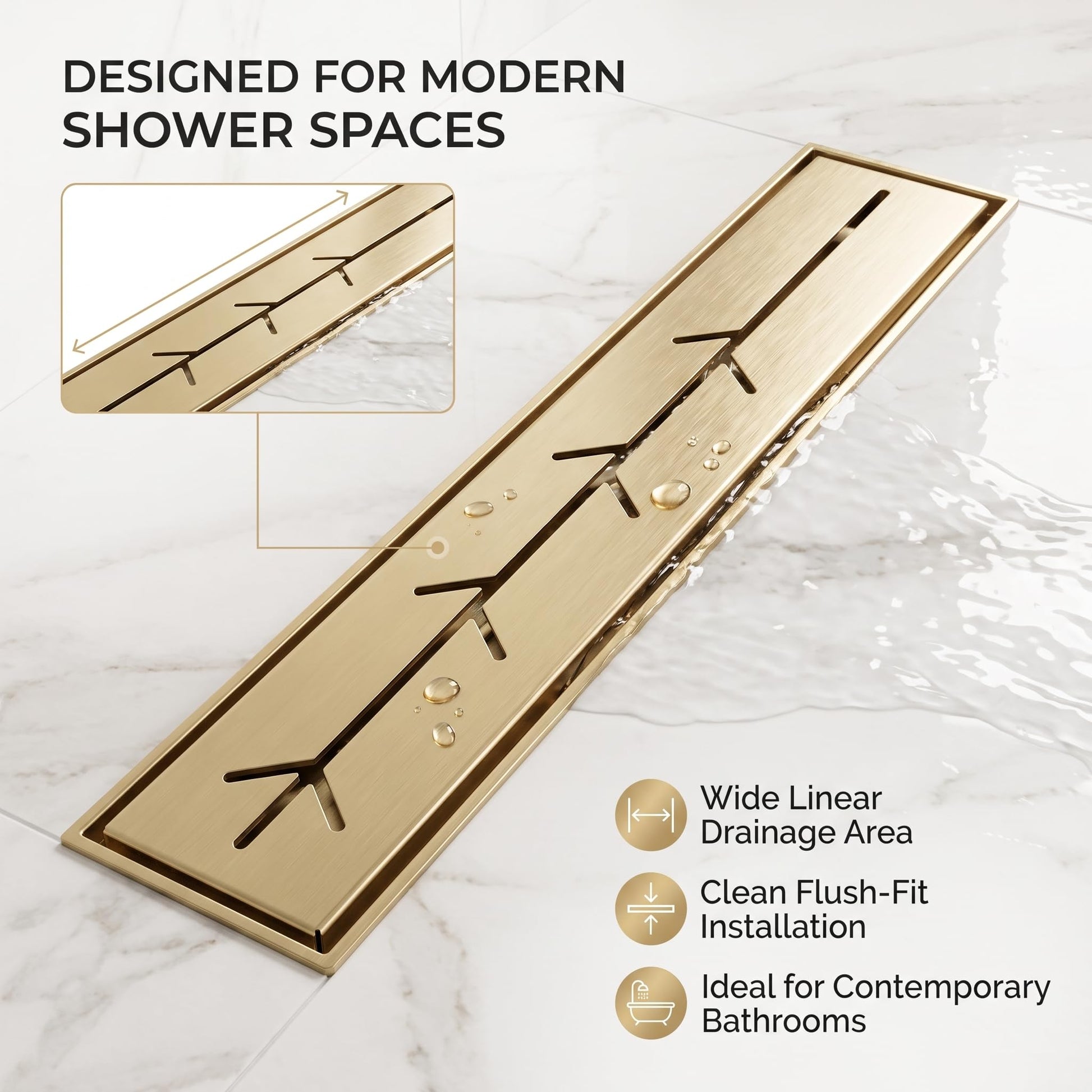 Brushed gold shower drain channel and centered bottom outlet detail