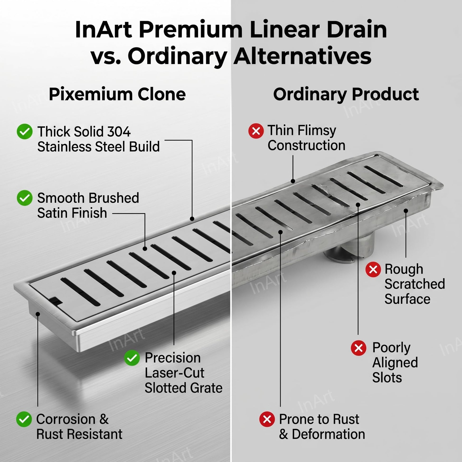 InArt Brushed Stainless 304 Shower Floor Drain – 12" Linear Shower Drain, Strainer, additional product view 7