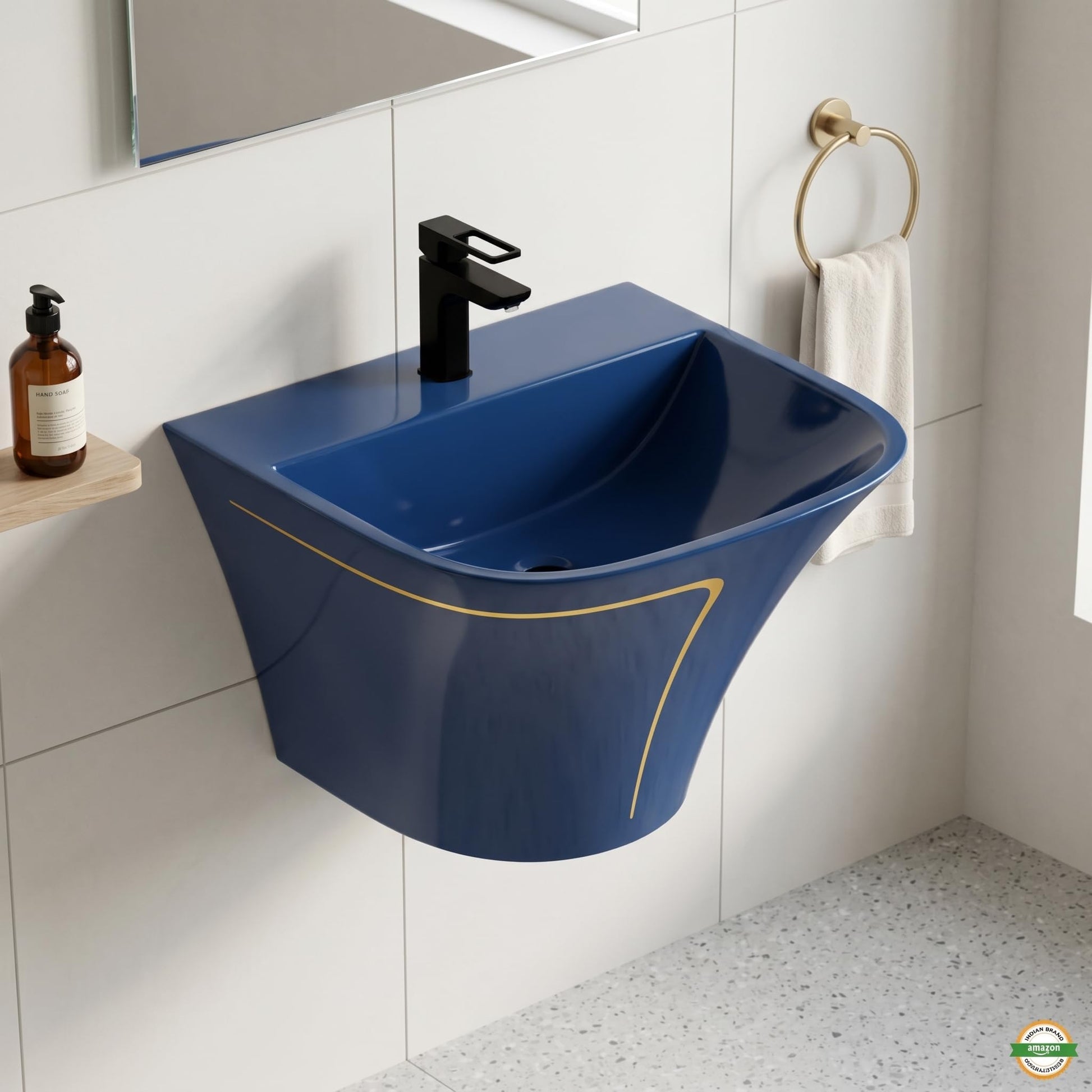 InArt Blue Rectangular Ceramic Pedestal Bathroom Sink product image 3 of 12
