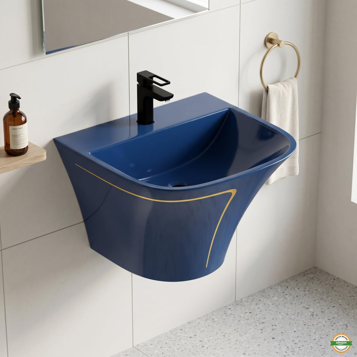 InArt Glossy Blue Wall-Mounted Ceramic Bathroom Sink with Half Pedestal, 19.7 Inch