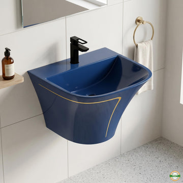 InArt Glossy Blue Wall-Mounted Ceramic Bathroom Sink with Half Pedestal, 19.7 Inch