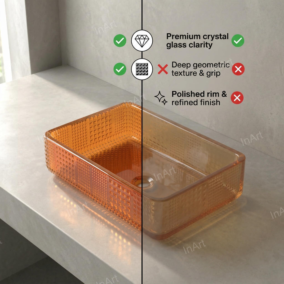 InArt Rectangular Crystal Glass Vessel Sink for Countertop Bathrooms, 18.1 Inch, additional product view 7