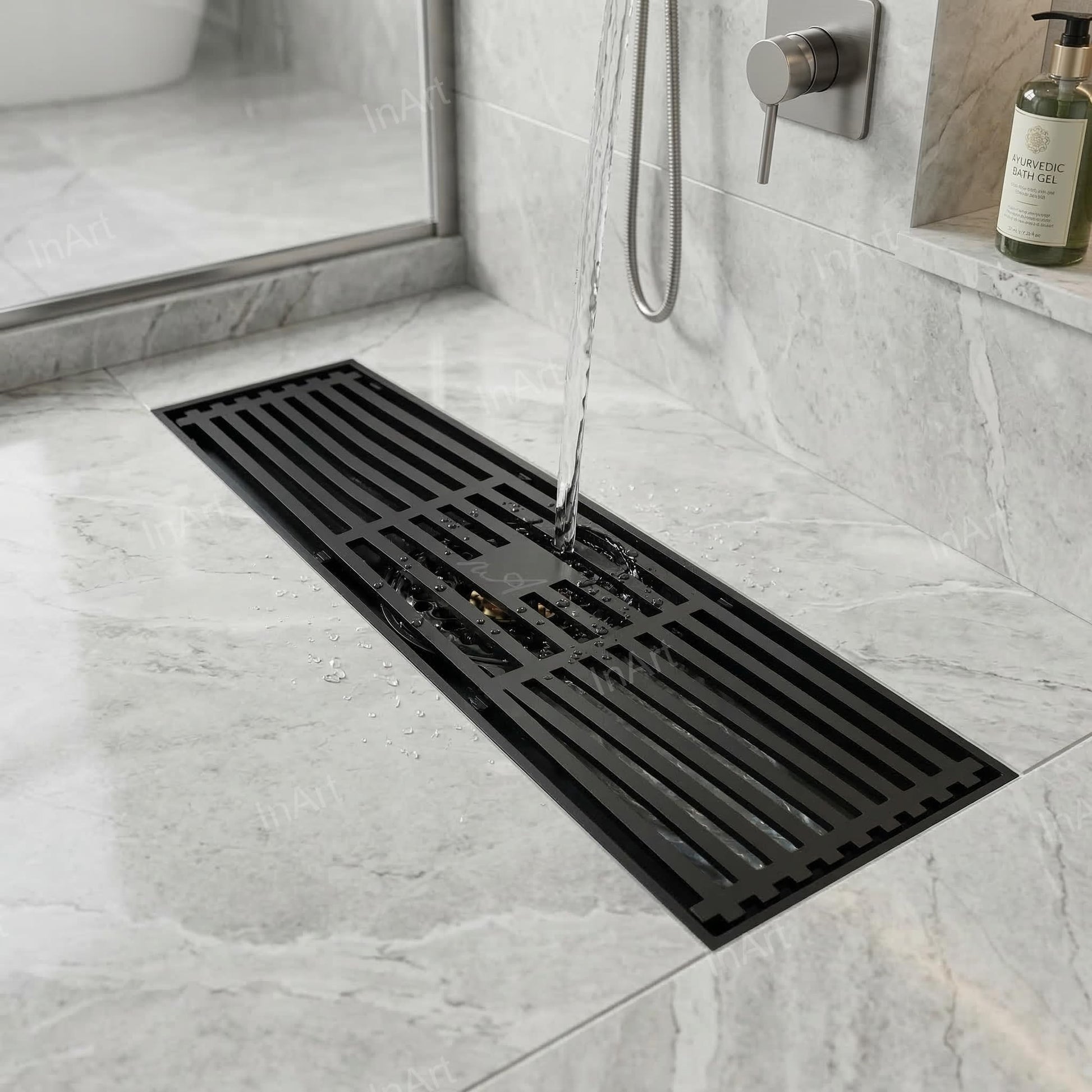 InArt Matte Black Linear Brass Bathroom Floor Drain with Grate, 12 x 4 Inch, additional product view 4
