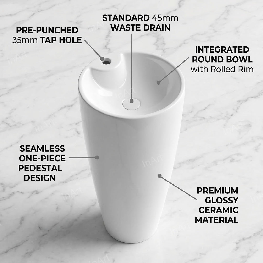 InArt Basin Pedestal Sink - Standing Bathroom Sink White 38x38 CM