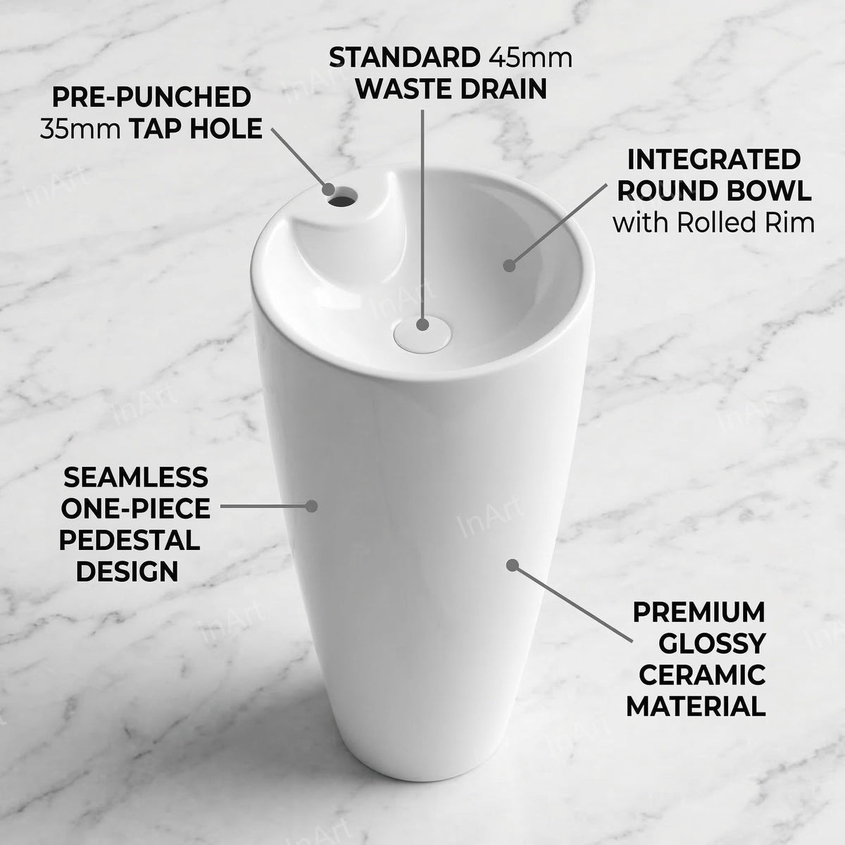 InArt Basin Pedestal Sink - Standing Bathroom Sink White 38x38 CM, additional product view 2