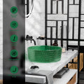 Green glass vessel sink on countertop, modern bowl sink for bathroom or living room vanity decor