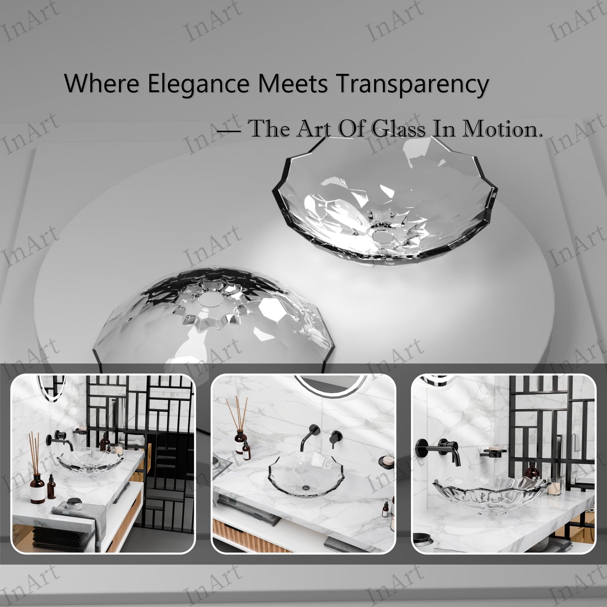 Bathroom sink with glass bowl on vanity, clear square glass vessel sink for modern bathroom countertop setup