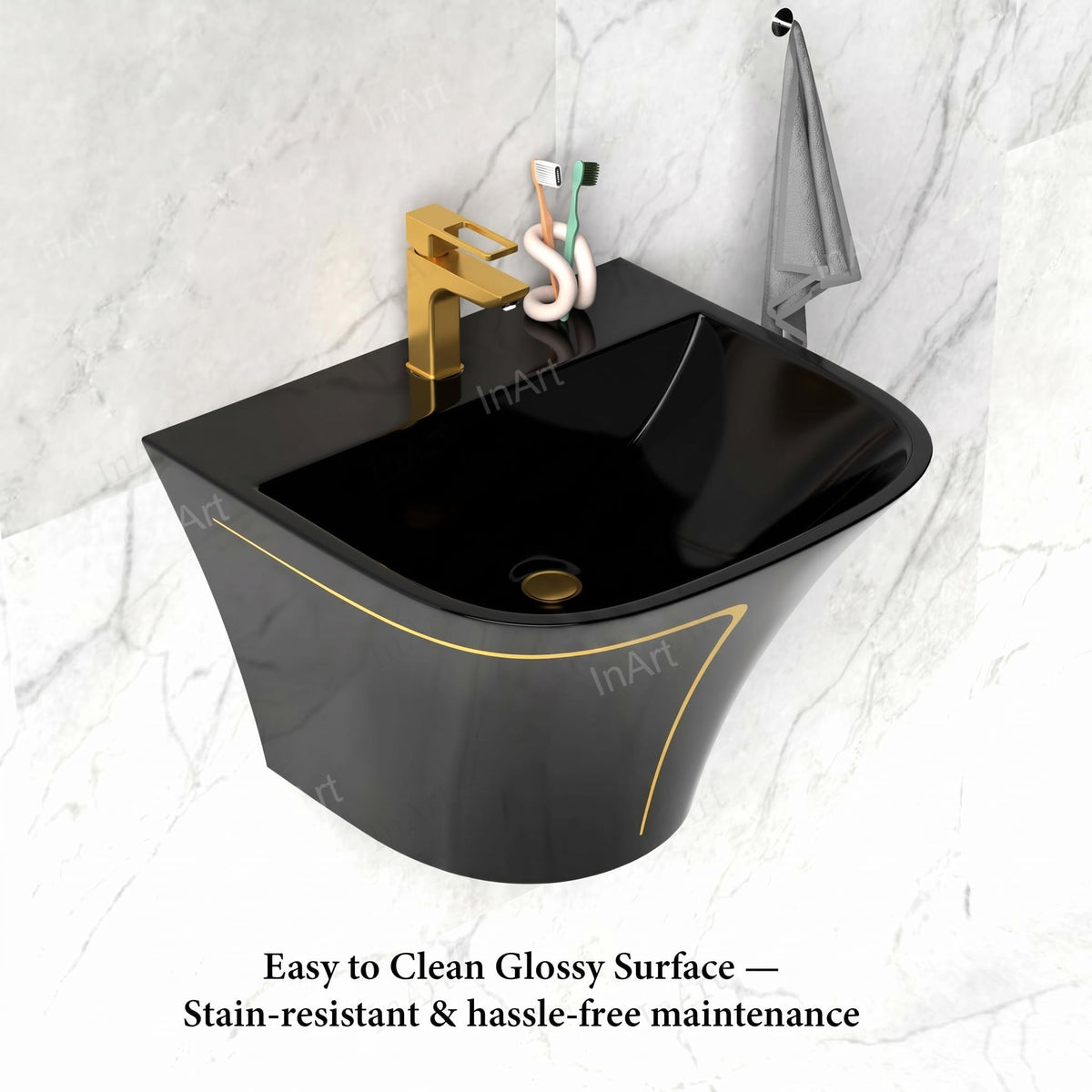 InArt Glossy Black Wall-Mounted Ceramic Bathroom Sink with Half Pedestal, 21.3 Inch, additional product view 4