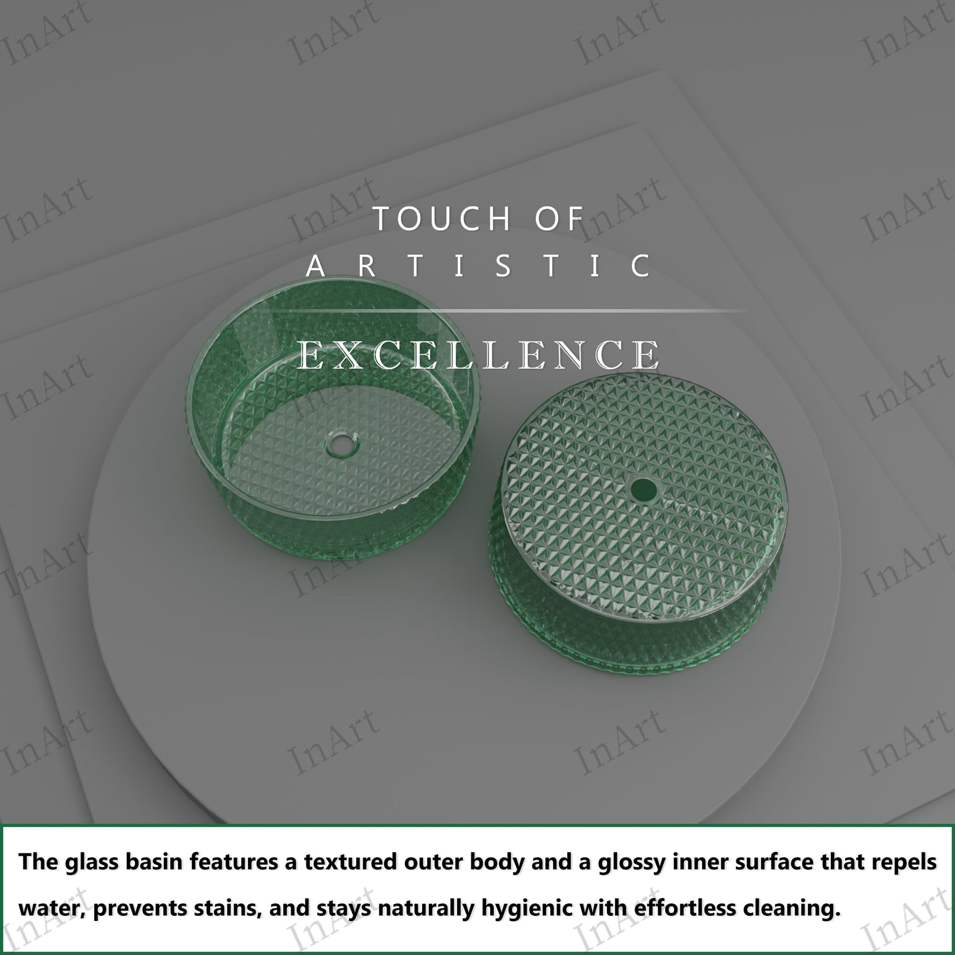 Round glass vessel sink drain opening detail, green glass bathroom sink bowl for countertop