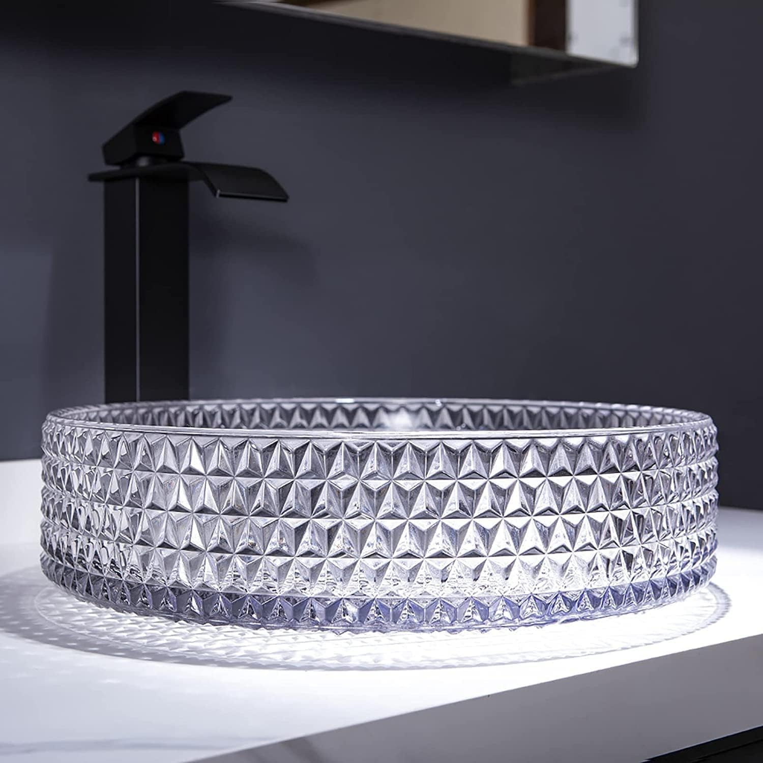 Bowl sinks for the bathroom side angle of round tempered glass vessel sink, transparent glossy finish