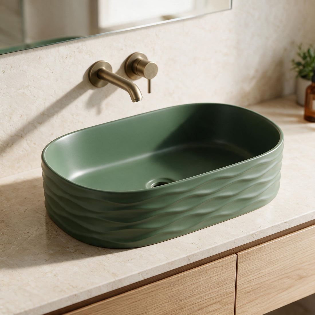 Sage Green Rounded Rectangular Ceramic vessel bathroom sink