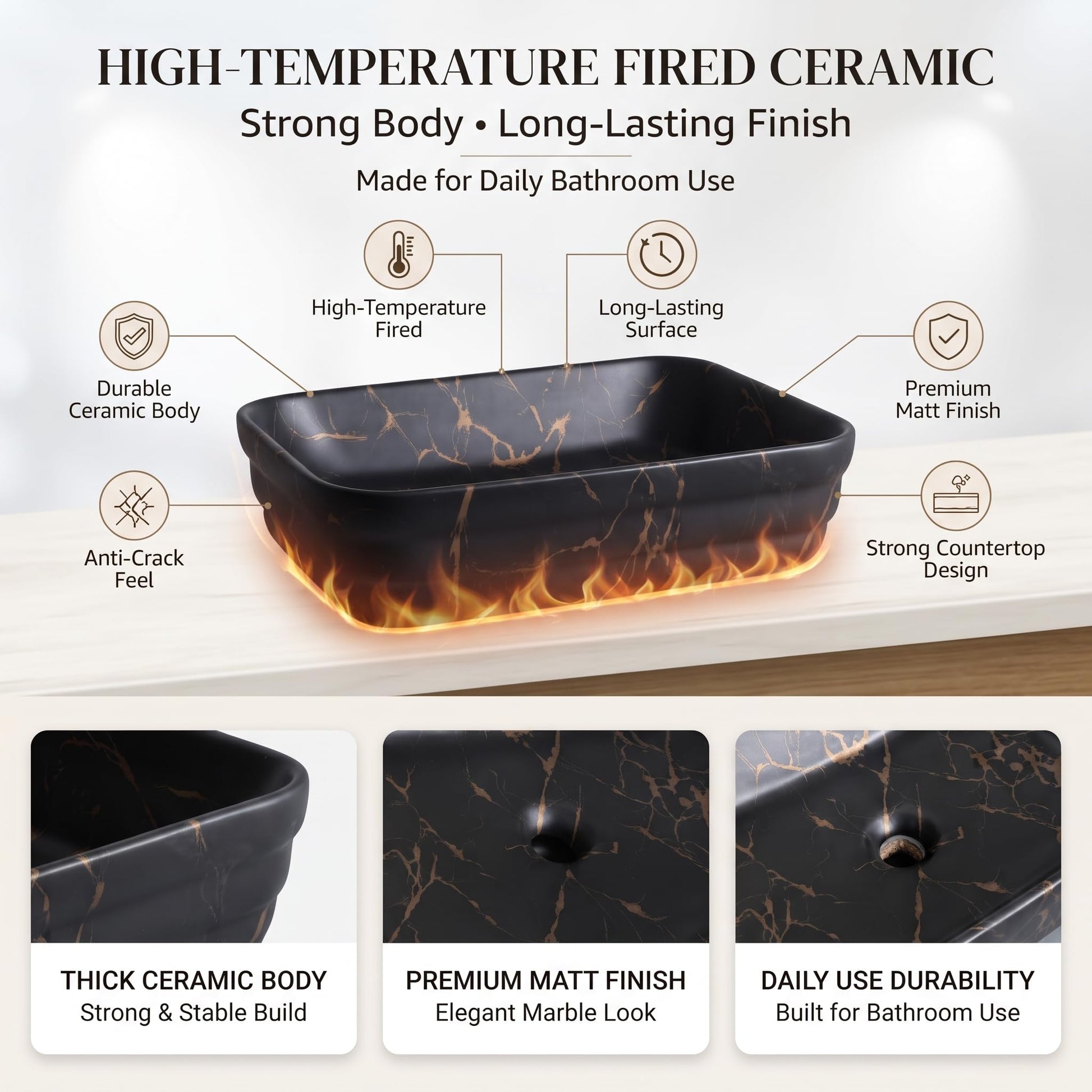 Black Rectangular Ceramic vessel bathroom sink, additional product view 7