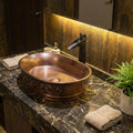 Side profile countertop sinks for bathrooms, InArt ceramic oval table top sink in matte copper finish