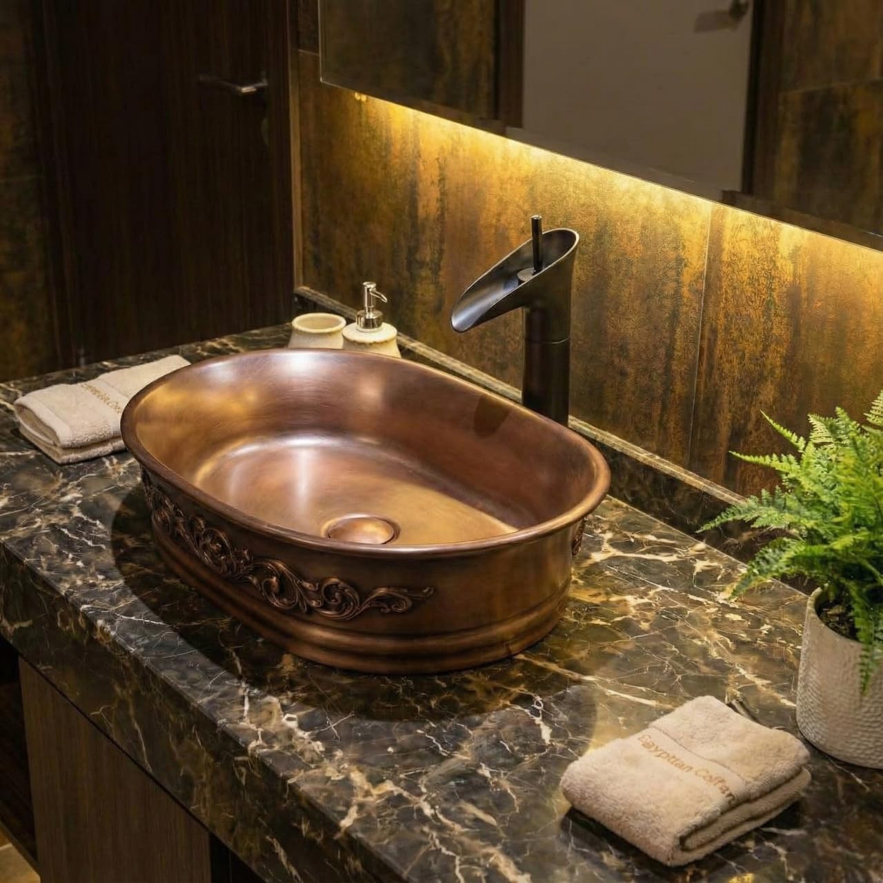 Side profile countertop sinks for bathrooms, InArt ceramic oval table top sink in matte copper finish
