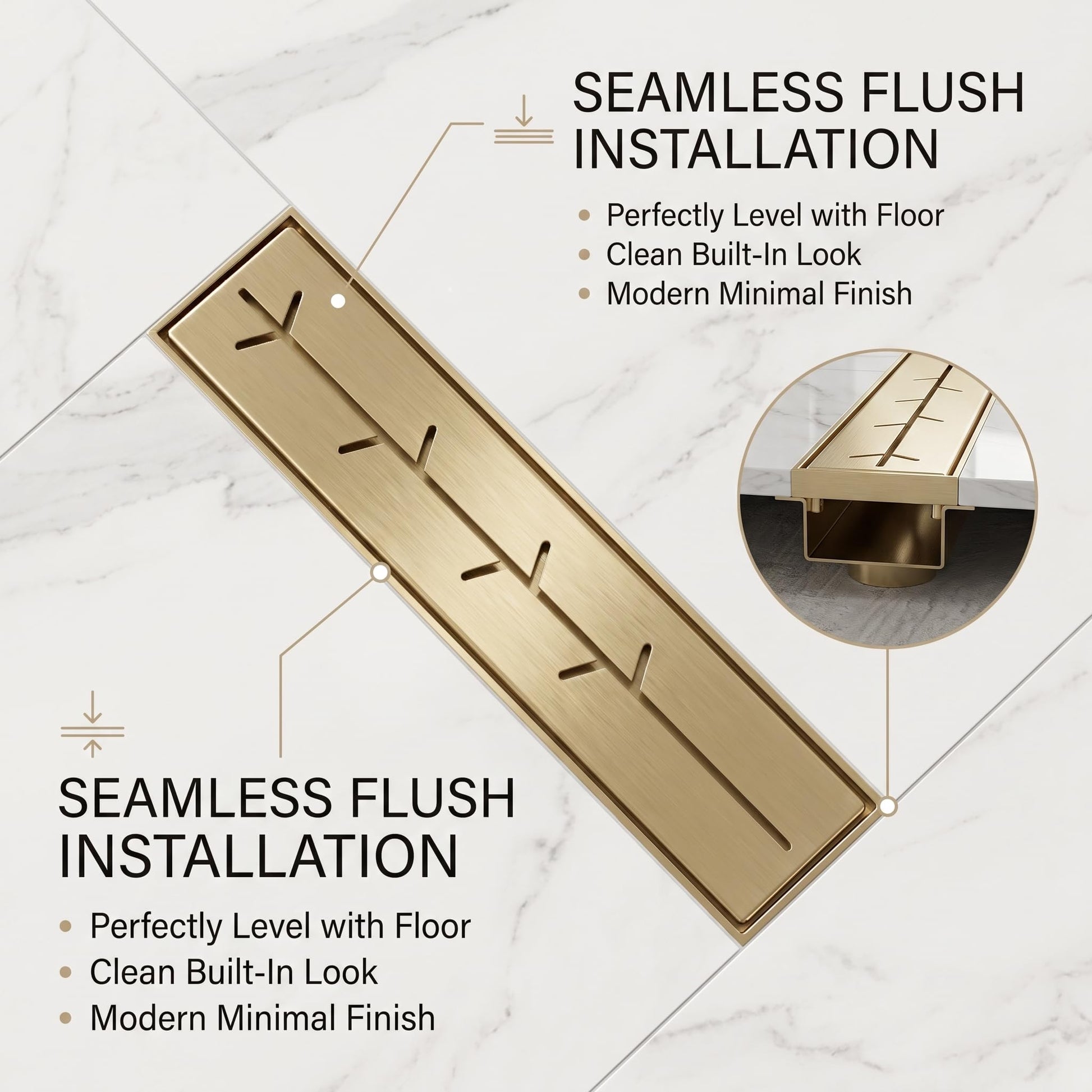 12-inch brushed gold linear drain dimensions and profile