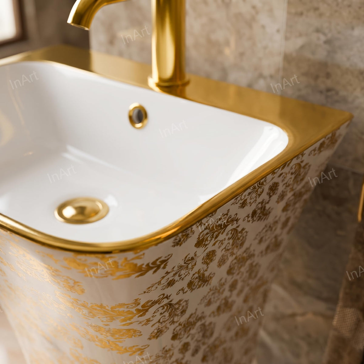 InArt Basin Pedestal Sink - Standing Bathroom Sink Gold White 45x43 CM, additional product view 5