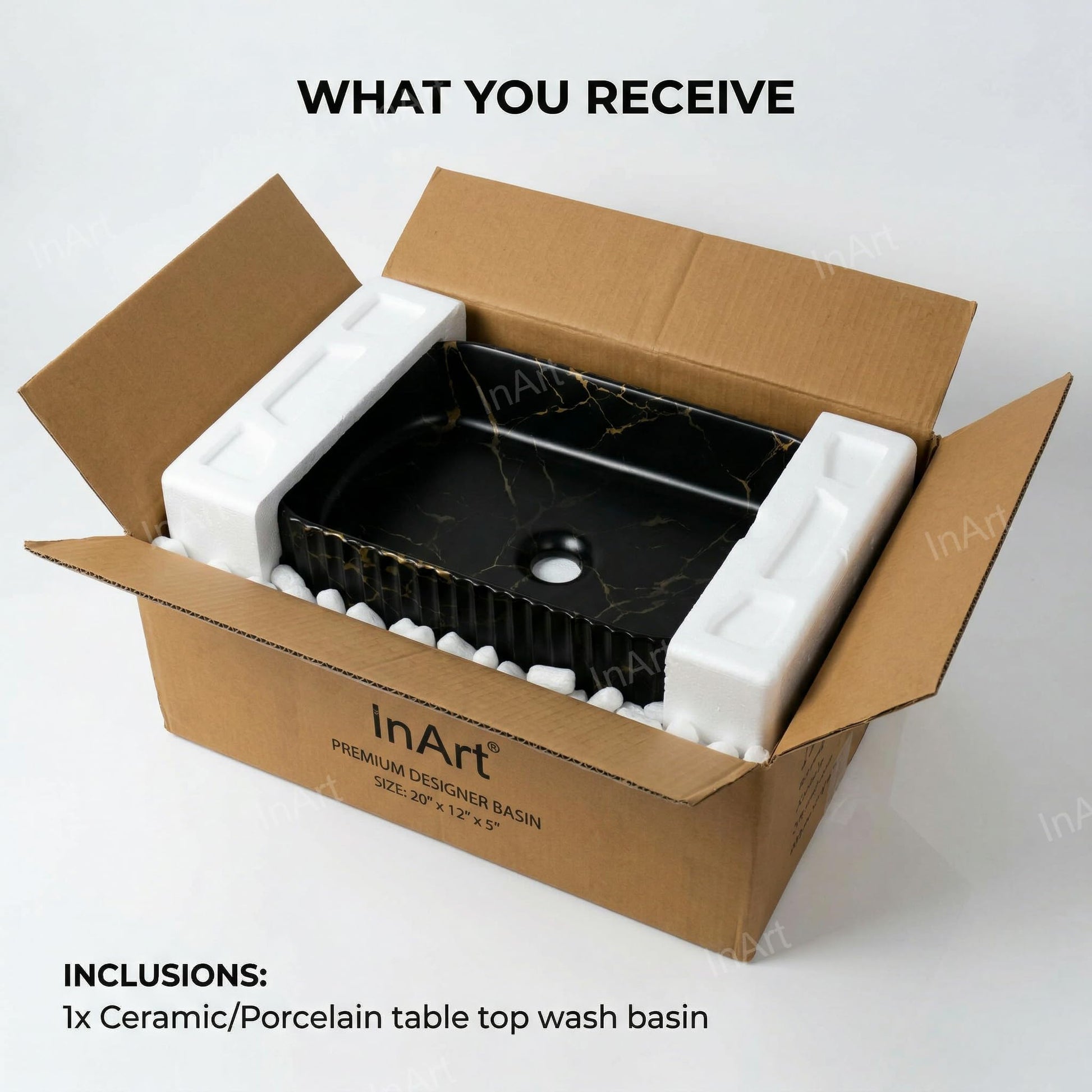 Table top sink on modern vanity, rectangular ceramic vessel sink in matte black marble finish for bathroom