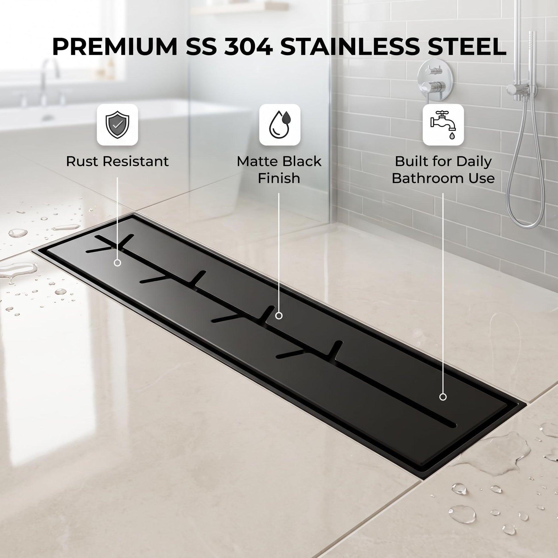 Slim matte black shower drain grate for a tiled bathroom floor