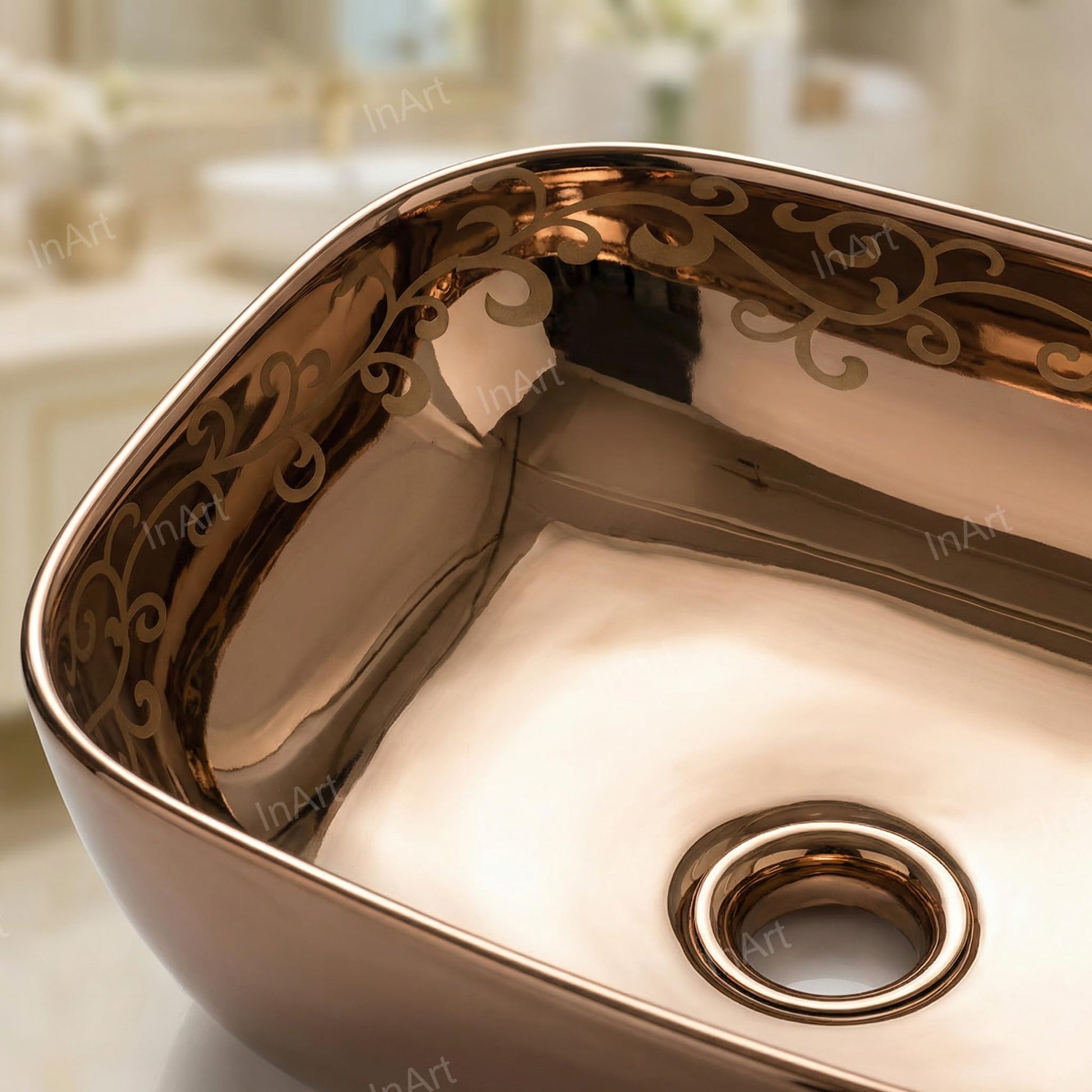 Ceramic bathroom sink bowl installed on countertop, rectangular rose gold vessel sink for powder room