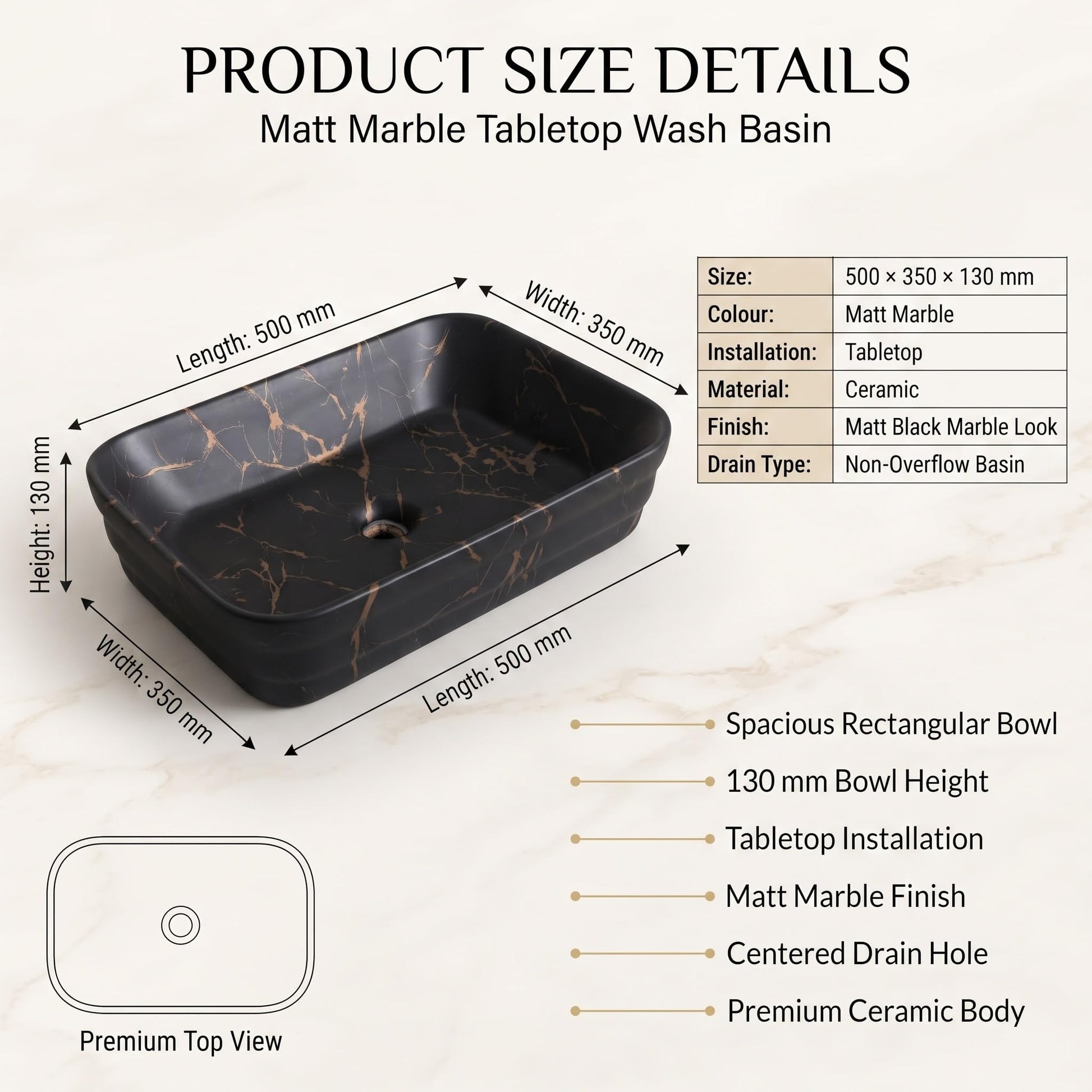 Black Rectangular Ceramic vessel bathroom sink, additional product view 3