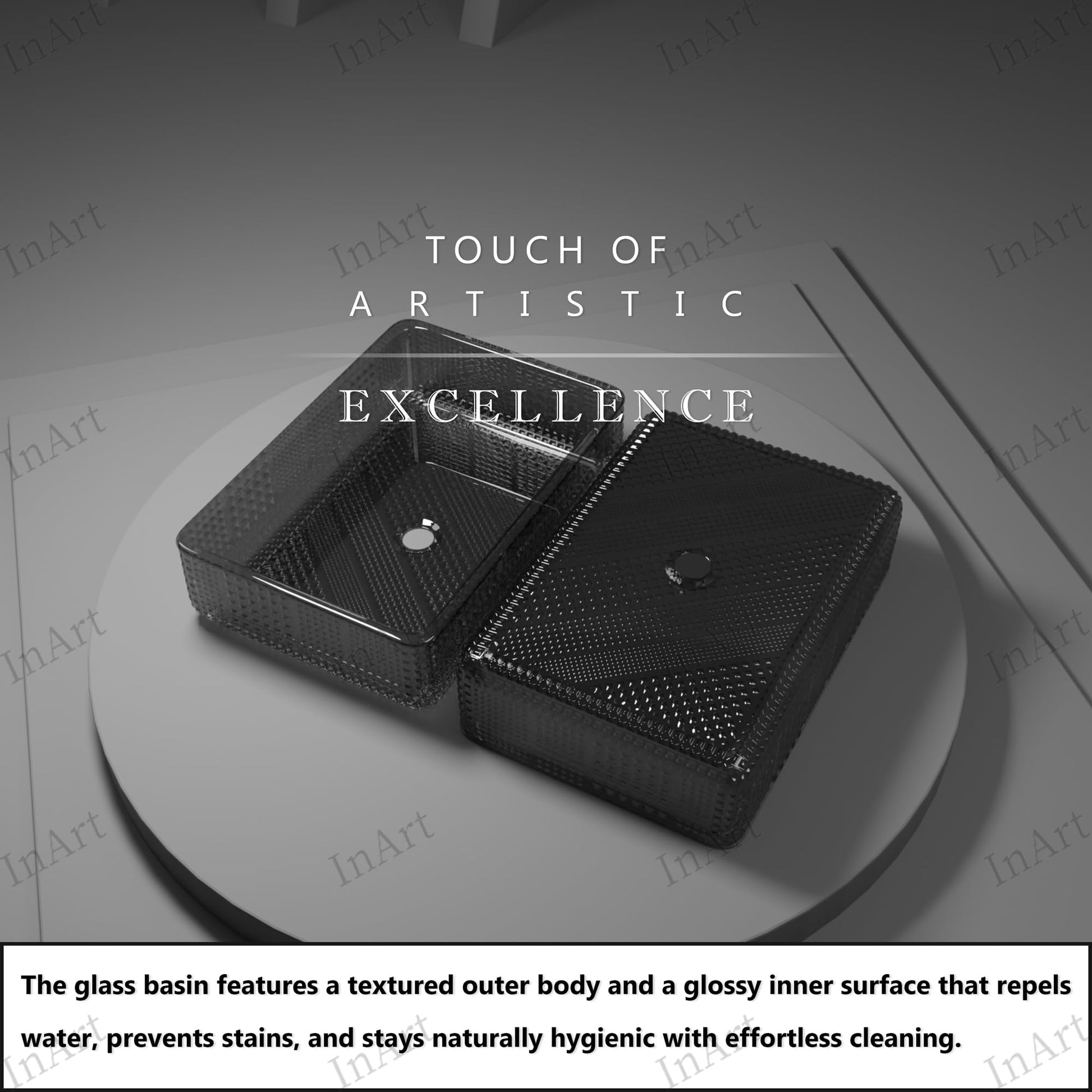 InArt Smoked Black Tempered Glass Rectangular Vessel Sink – Textured Design, 18.11"x12.99", additional product view 7