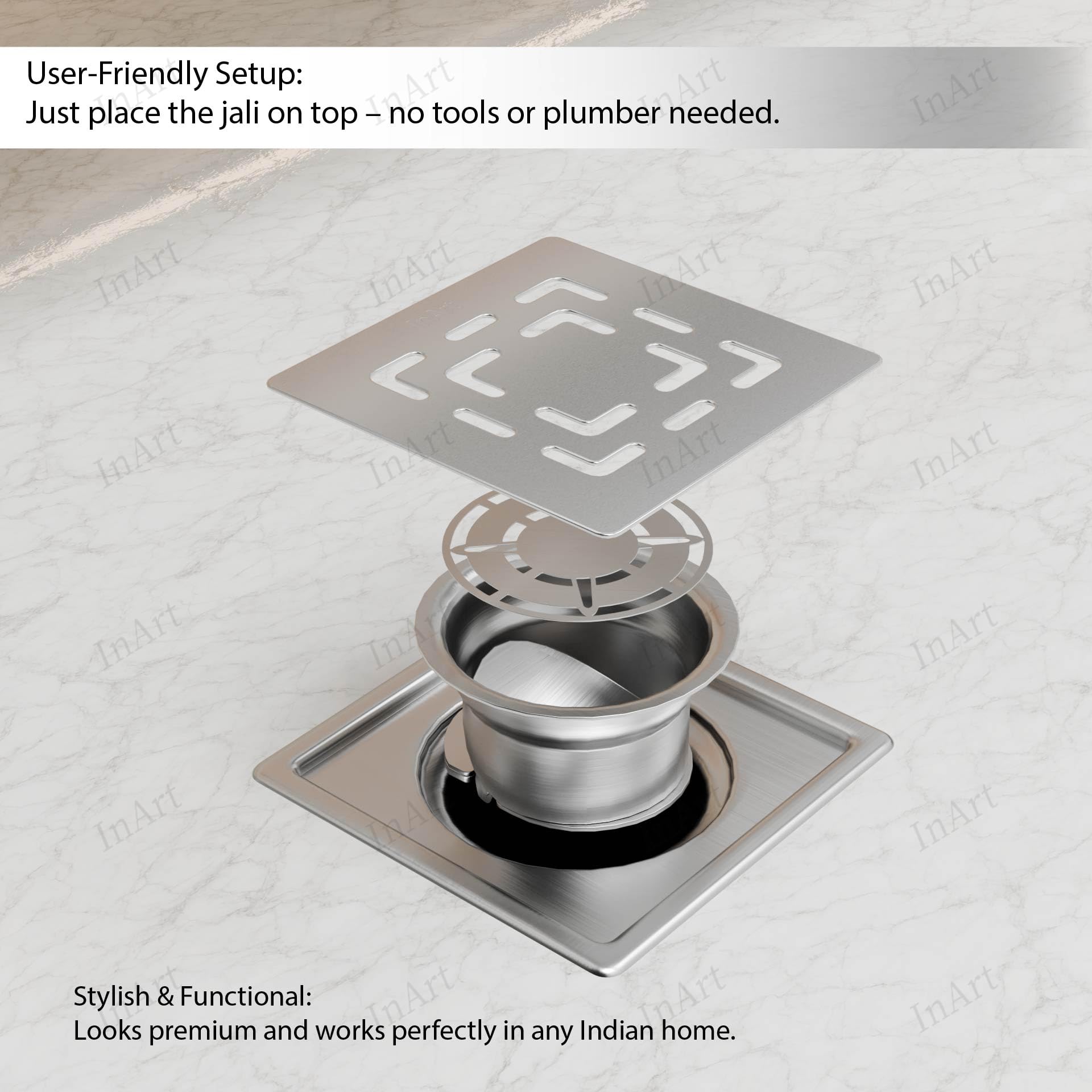 InArt 5 x 5 Inch Square Stainless Steel Shower Drain with Removable Grate, additional product view 4