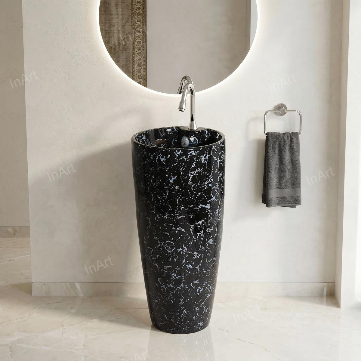 InArt Basin Pedestal Sink - Standing Bathroom Sink Black Marble 38x38 CM, additional product view 4