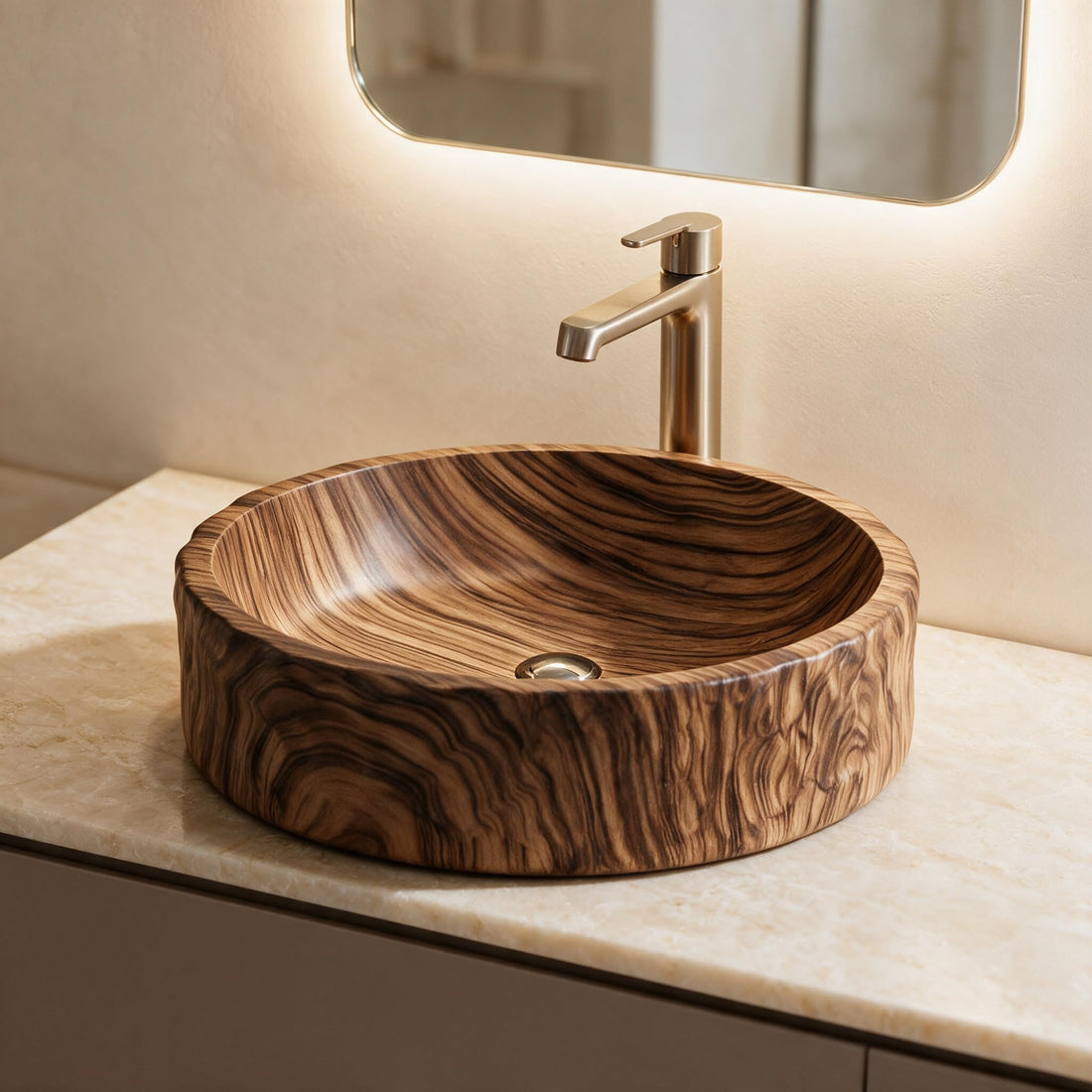 Wood Brown Round Artificial Stone vessel bathroom sink