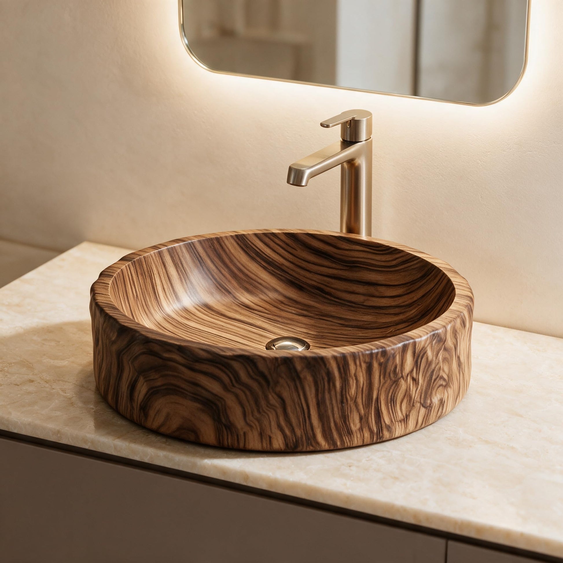 Wood Brown Round Artificial Stone vessel bathroom sink