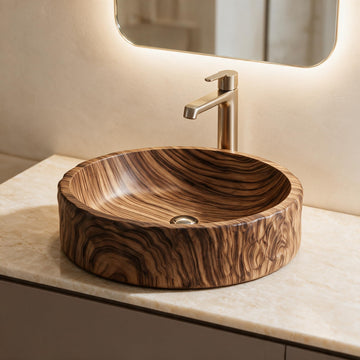 Wood Brown Round Artificial Stone vessel bathroom sink