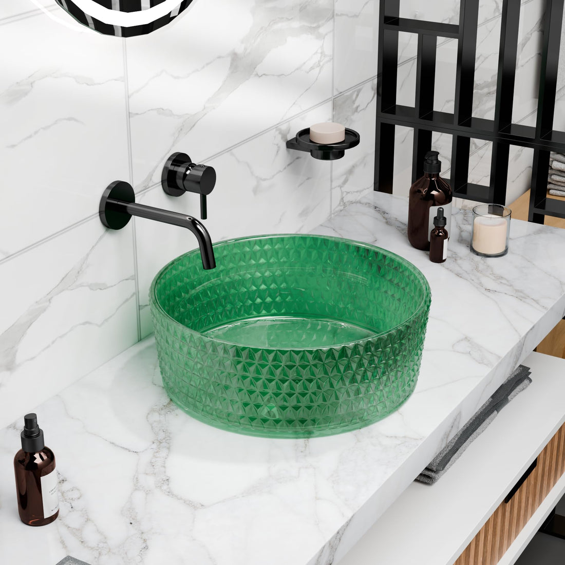 Vessel sink glass InArt green glass basin, modern round tabletop bathroom sink 39.5 cm