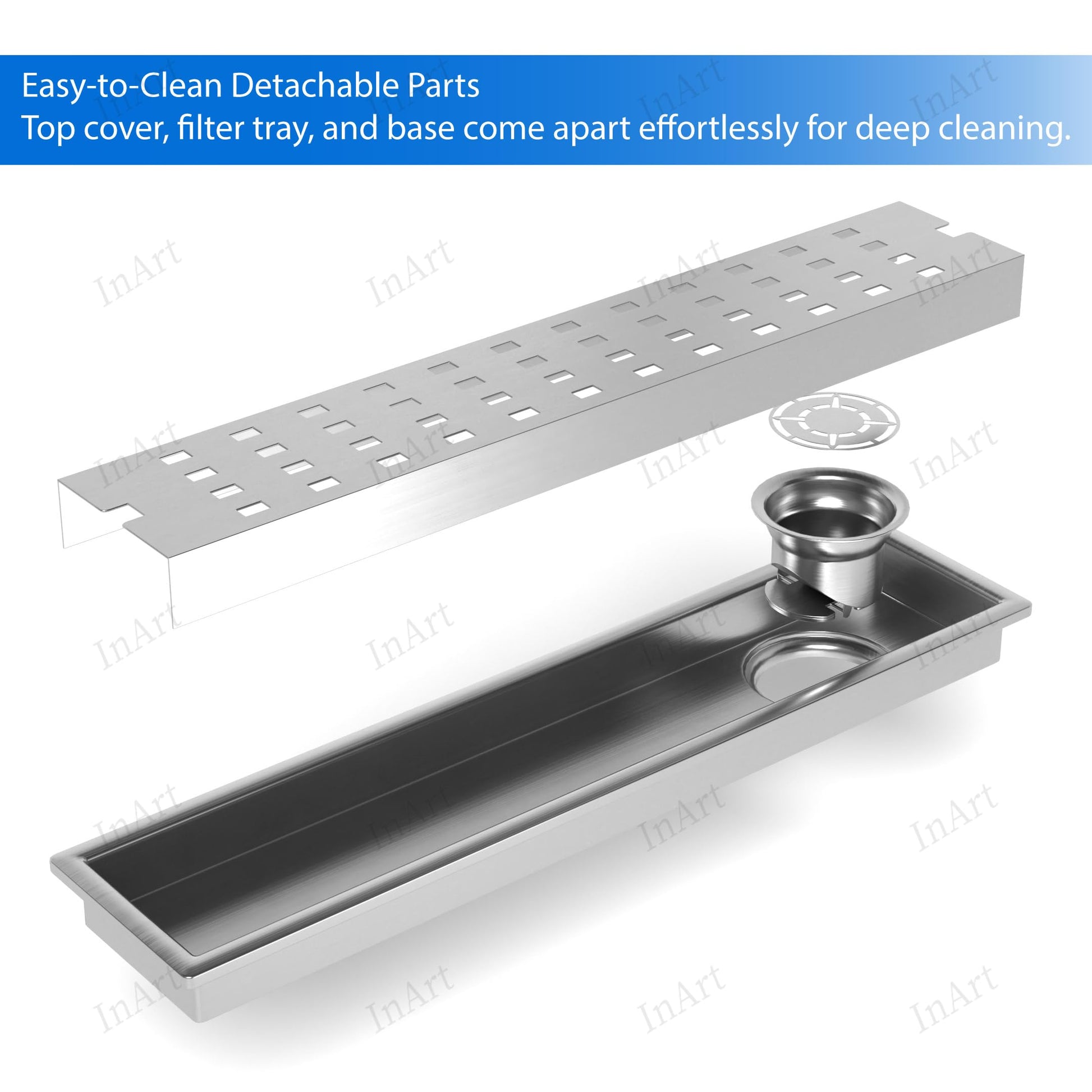 Installed look of brushed stainless steel linear floor drain sitting flush in a tiled shower floor