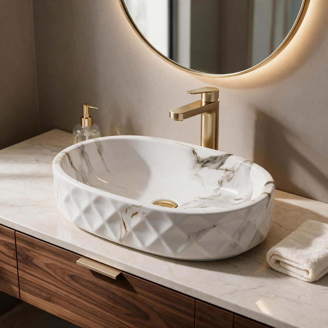 White, Gray and Taupe Oval Ceramic vessel bathroom sink