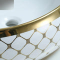 Above counter sink on bathroom vanity with vessel sink, InArt oval ceramic bowl basin white and gold