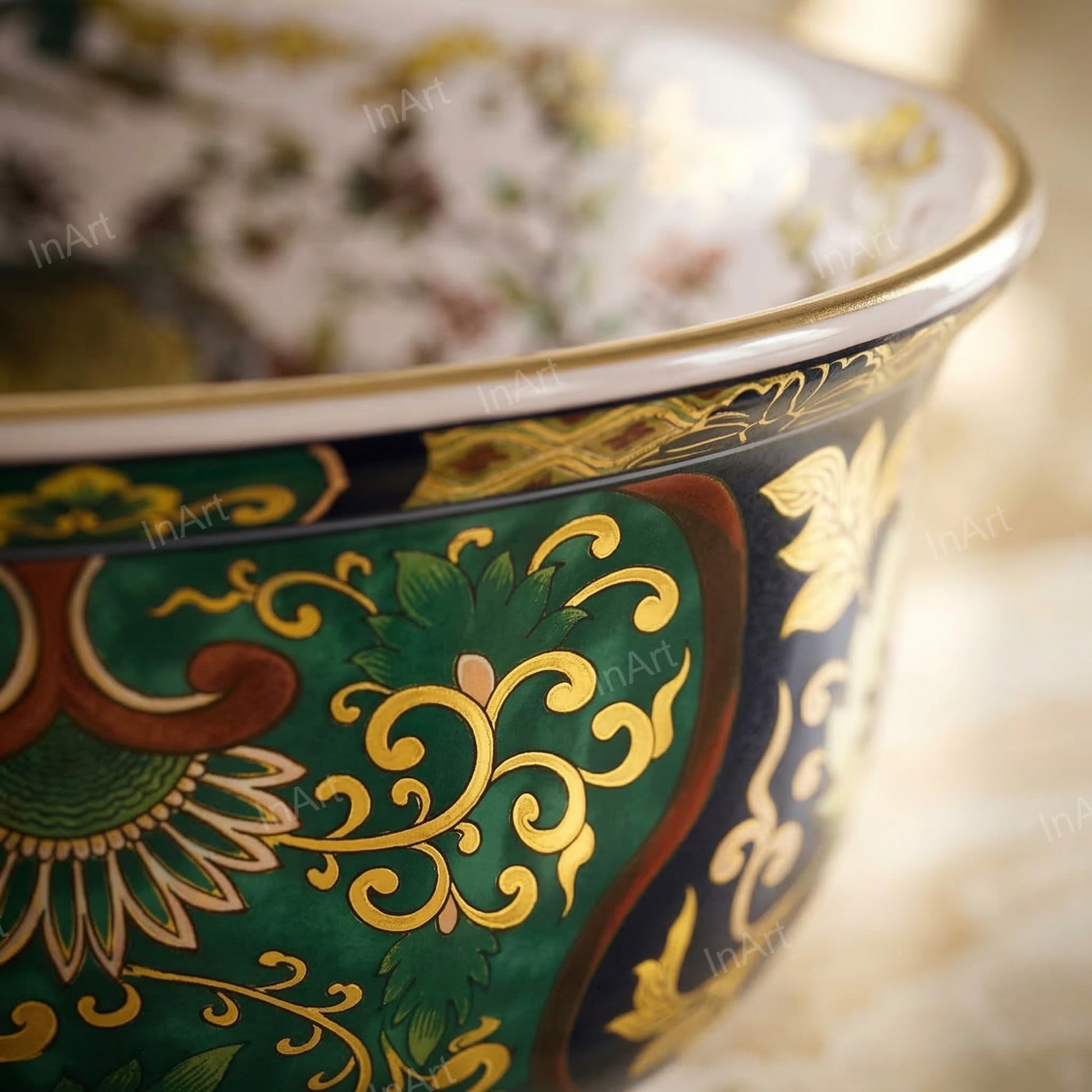 InArt Glossy Multicolor Ceramic Round Vessel Sink – Gold Rim Accent, 16.5", additional product view 5