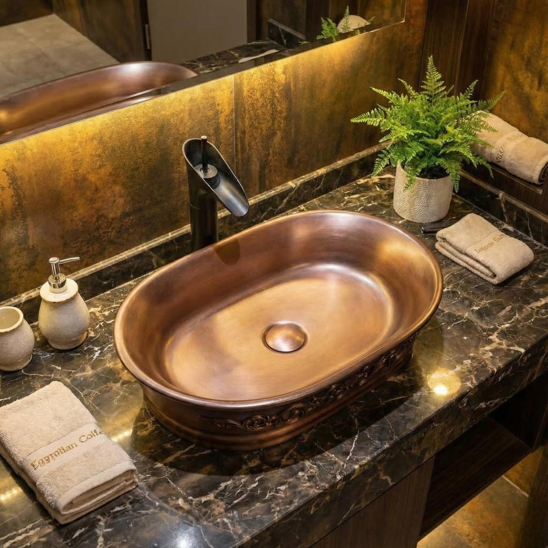 Sink on top of vanity InArt matte copper ceramic oval vessel sink, 50x37 cm countertop basin